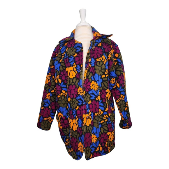 Fleece Floral Button Up Jacket Orange Purple Size XL - Picture 3 of 10